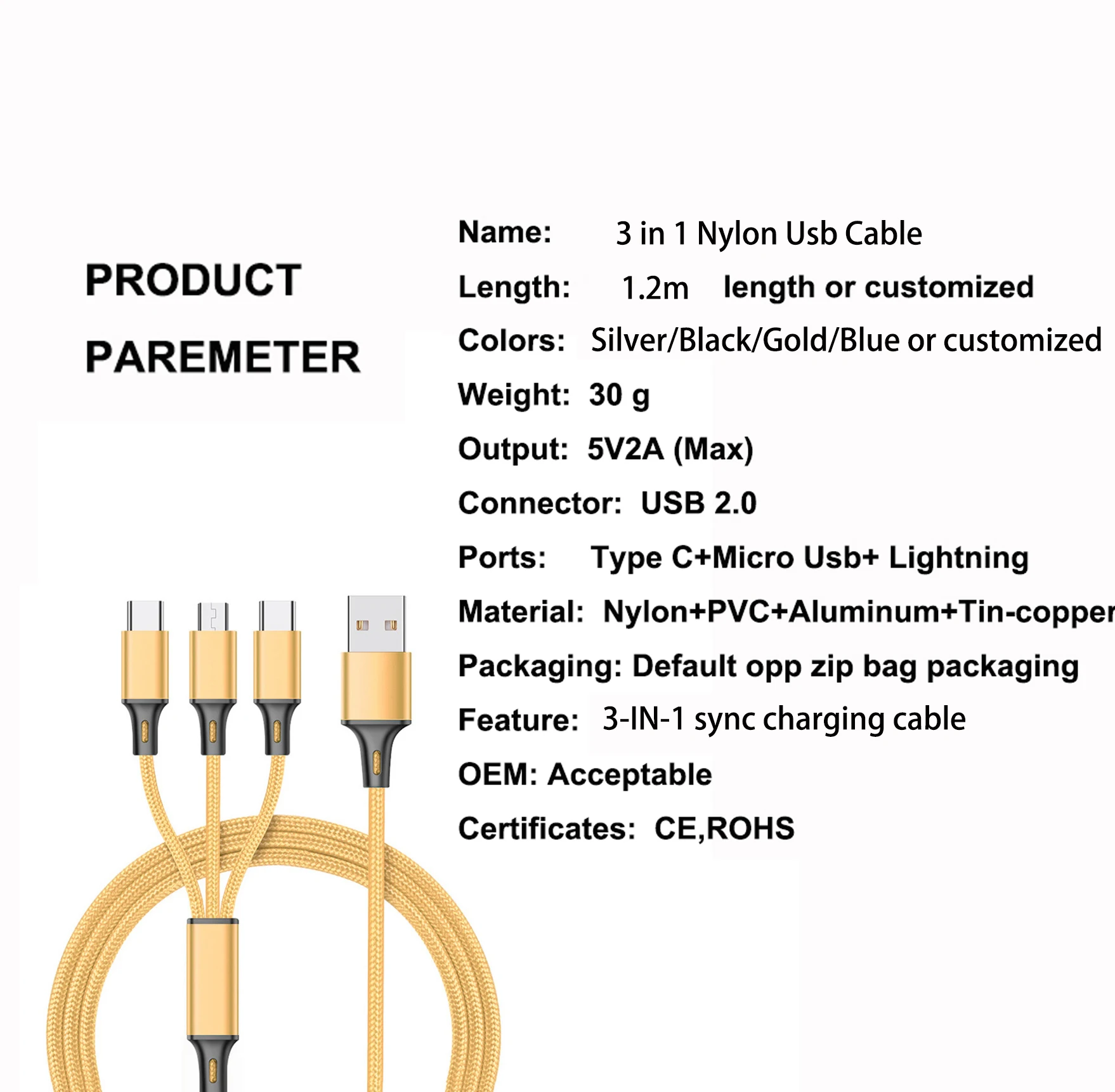 Micro USB Type C Charger Cable Cheap Nylon Braided 3 In 1 Fast Charging Usb Cables