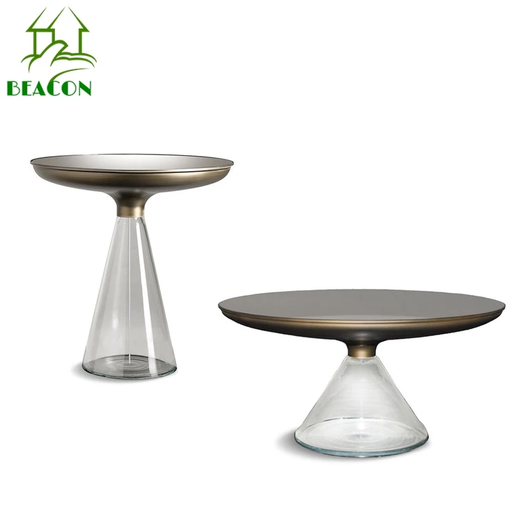 Luxury tea table clear tempered glass base art coffee table moder round black glass top coffee table set