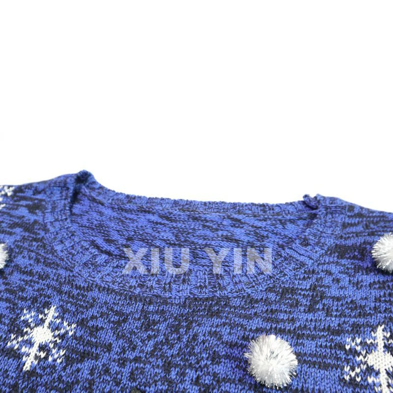 
Blue Ugly Christmas sweater with embroidered Snowman and Christmas tree cardigan with White pompoms 