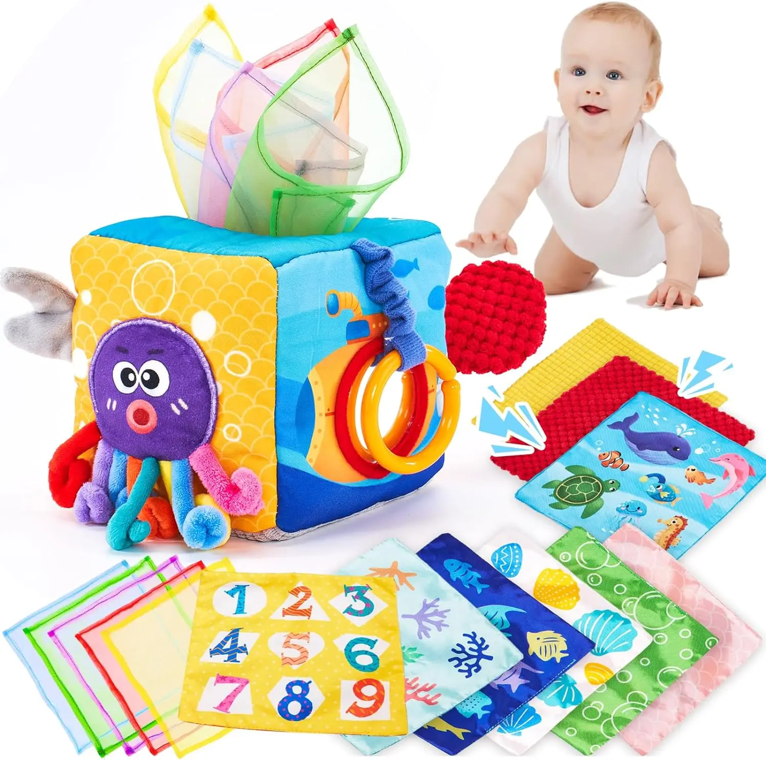 Wholesale Plush Baby Toy Tissue Box and Handkerchiefs Animal Alphabet Printing Early Education Baby Toy