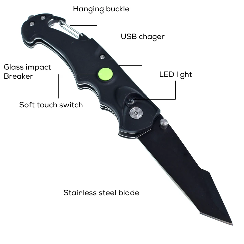 New 6 in 1 Tactical knife survival hunting pocket Outdoor folding EDC multitool USB Charge LED Flashlight window breaker camping