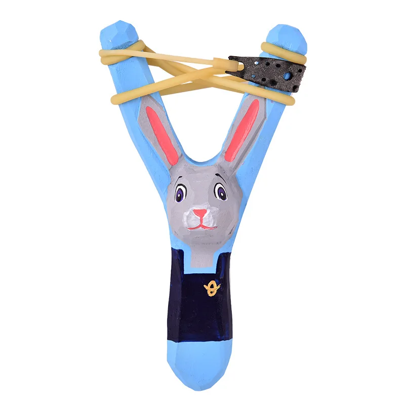 Carved rabbit Head Rubber Animals Wooden Slingshot For Children Toys