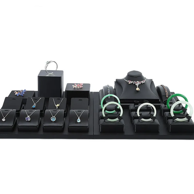 Luxury Black PU leather jewelry display set Jewellery Shop Counter Ring Necklace Bangle Display Stand Set