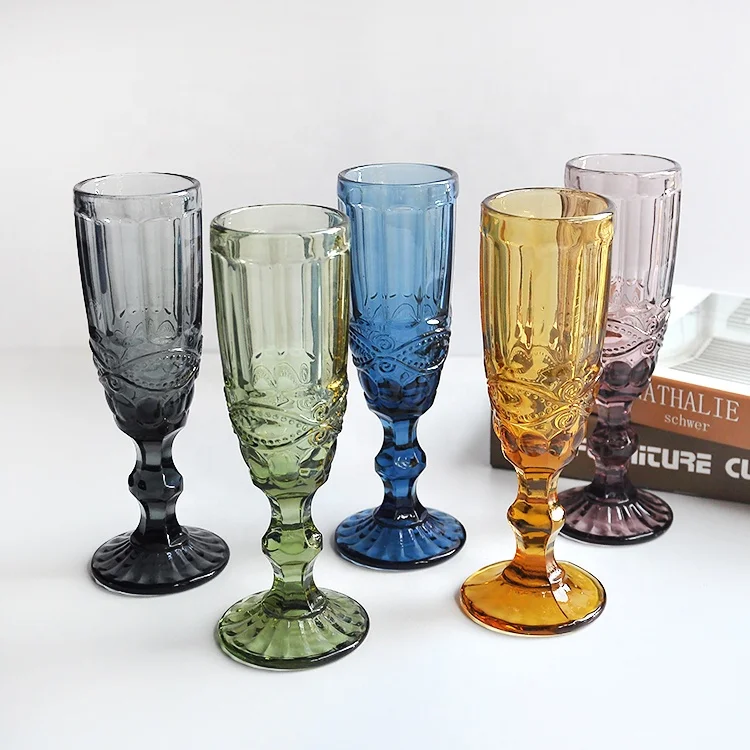 Black/Pink/Blue/Green Colored Crystal Glass Champagne Flute Embossed Wine Glasses for Home or Drink Use Glassware  set