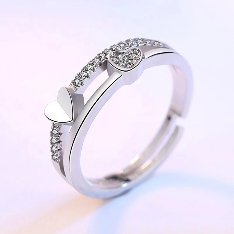 Hot Selling Items Jewelry Two Heart Adjustable Charm Ring Handmade Wholesale Women 92.5 Sterling Silver Open Heart Wedding Ring
