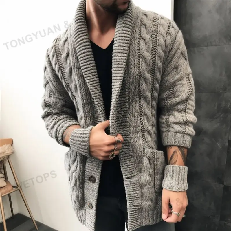 2025 Мужская модная топ продаж шаль воротник толстый трикотаж куртка длинный кардиган мужские свитера