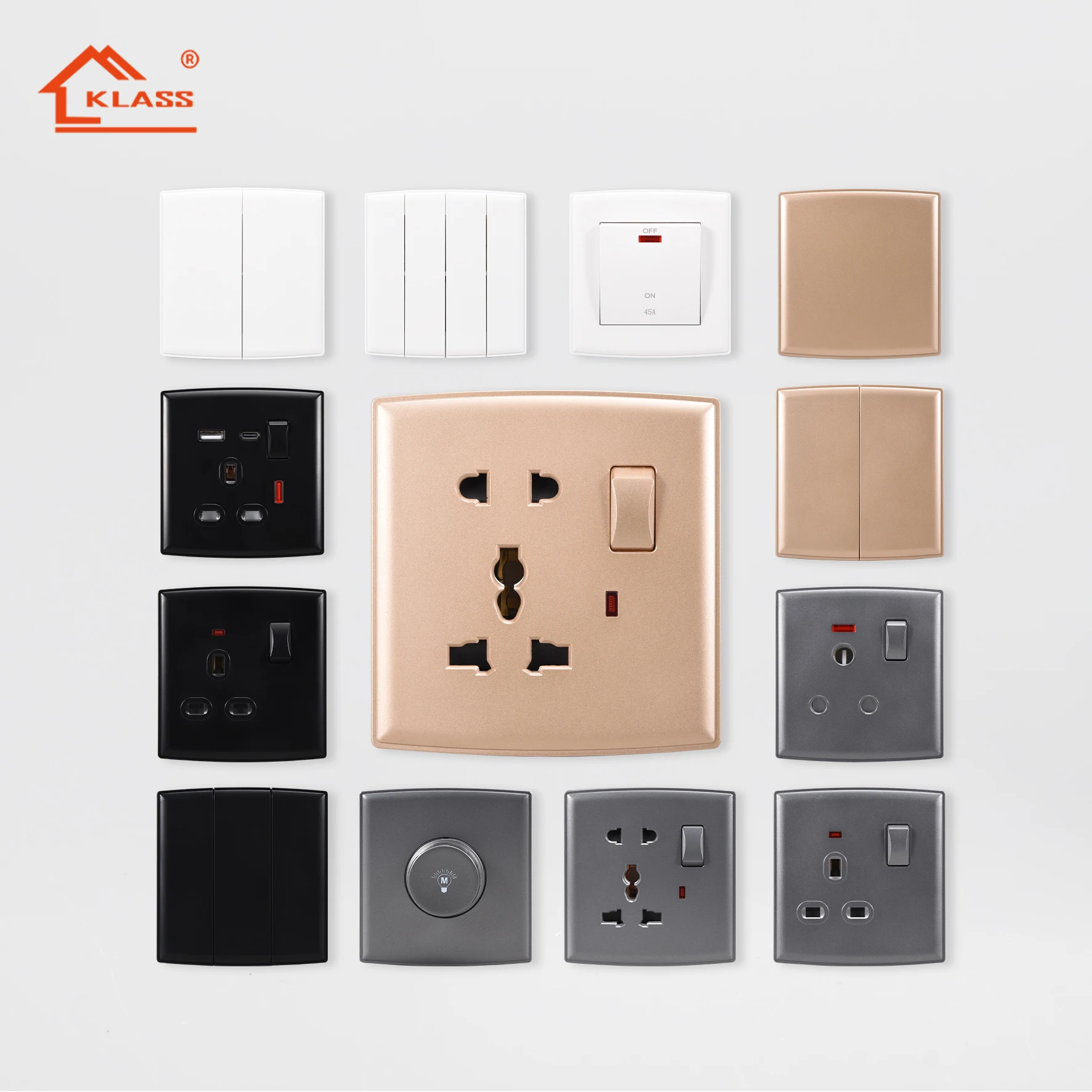 KLASS British standard 16A  250V wall switches with 2 gang 1 way push button switches for home electric power switch and socket