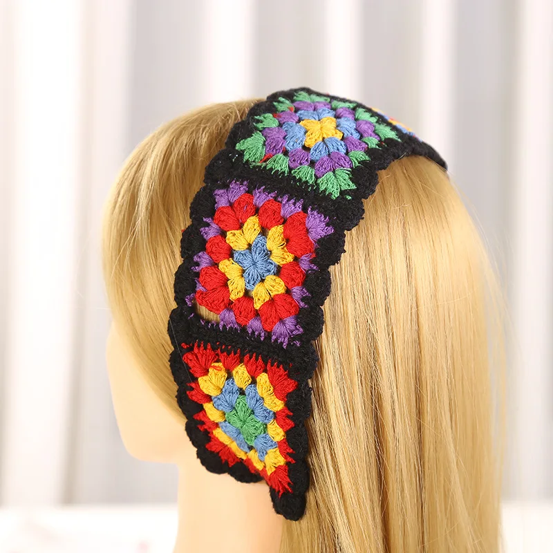 Hot Sale Wide Stretch Handmade Hair Elastic Band Color Knitted Headband Crochet Hair Bands For Women Flower Hair Accessories