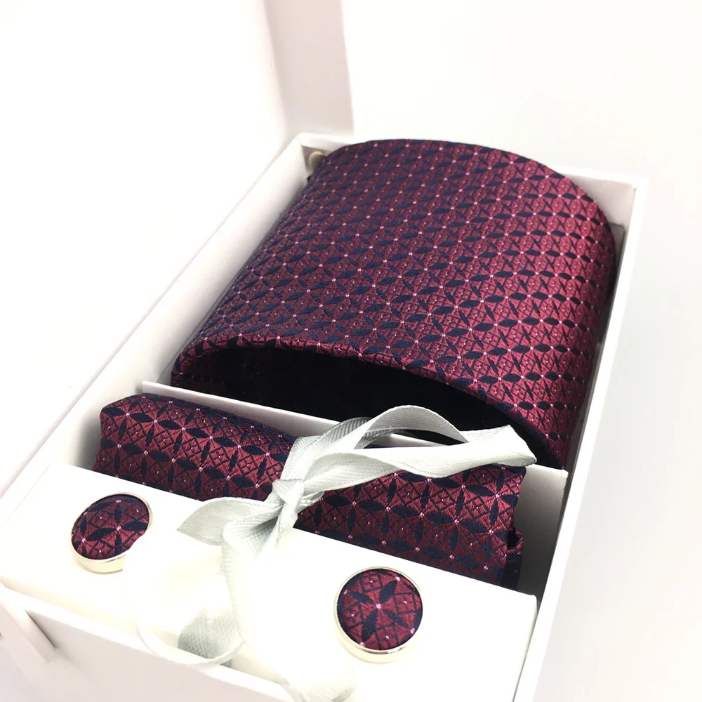 Men Male China Necktie Gift Set Bar Assorted France Style Geometric Handmade 100% Silk Woven Mens Tie Handkerchief And Cufflinks