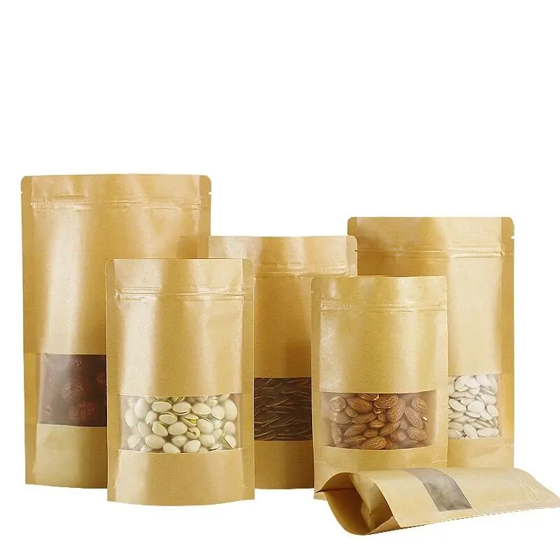 Custom Size Wholesale Biodegradable Stand Up Kraft Paper Bag With Clear Window For Bath Salt Coffee Loose Leaf Tea Packaging