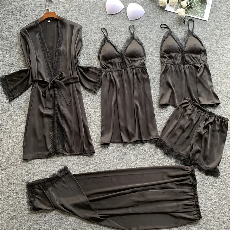 NEW ARRIVAL wholesale 5 piece Satin Robe sets sexy lace babydoll for women summer lingerie Silky cami pajama set
