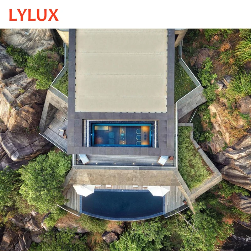 Hotel architectural design natural rock mountain luxury villa hotel, resorts, presidential suite, room interior in island