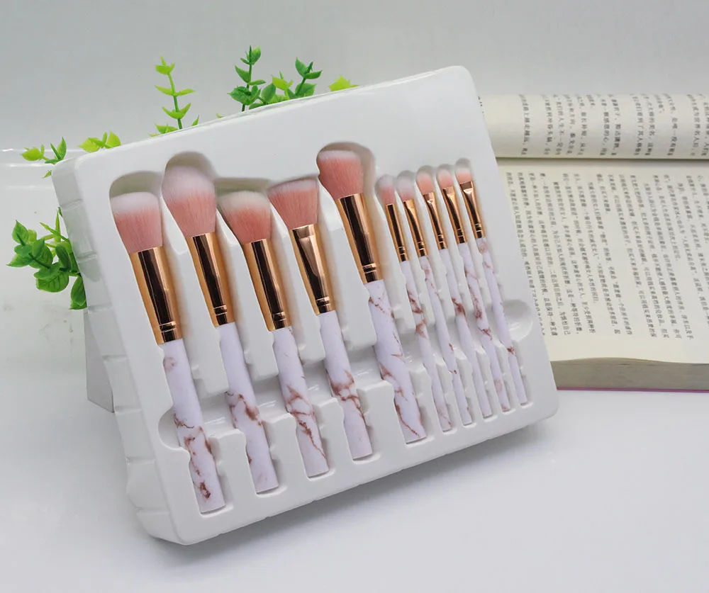 HMU Professional Make Up Brush Set Natural Gemstone Kabuki Cheap 10pcs Marble Handle Makeup Brushes With Case