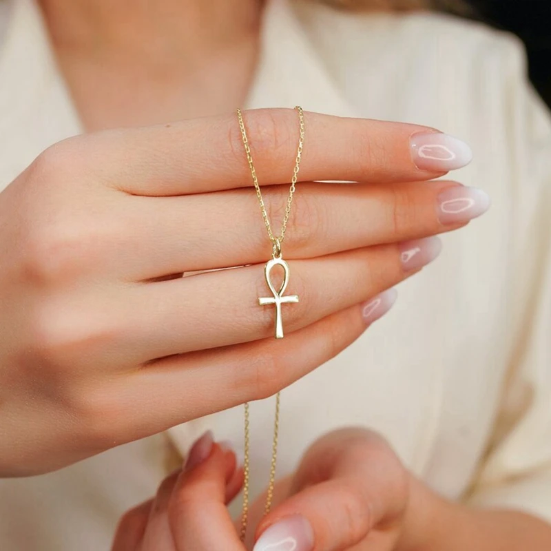 MECYLIFE Dainty Cute Ankh Necklace 14K Gold Ankh Pendant Necklace Handmade Egyptian Ankh Jewelry Necklace for Women
