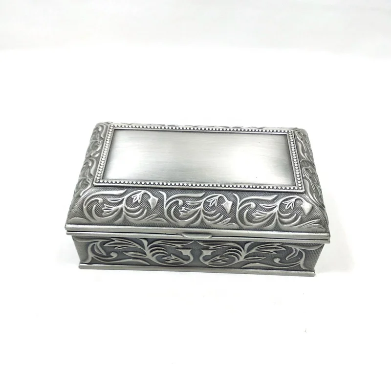 Zinc alloy medium rectangle jewelry box with classical flower patternin in pewter plated