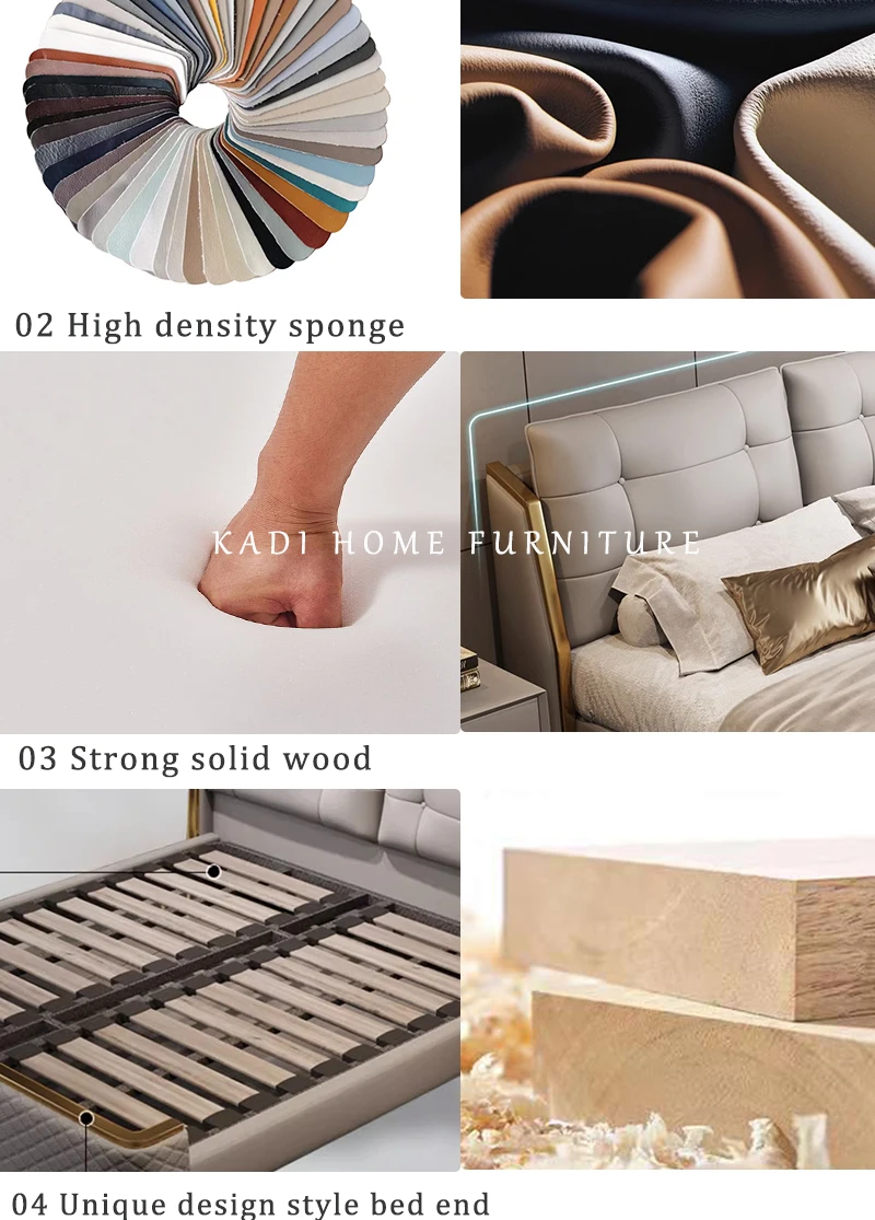 king size Brown leather bed bedroom furniture stainle steel frame master wooden beds villa bed