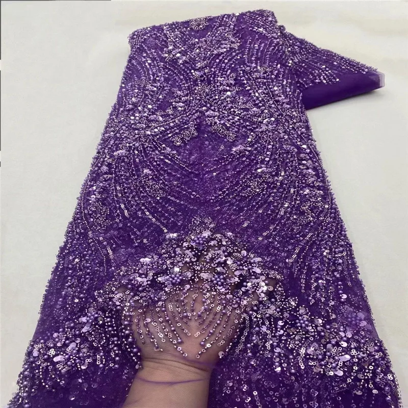 Luxury French Lace Fabric Tulle Net Elegant Heavy Beads 5 Yards Handmade Sequins Fabric Nigeria Wedding Bridal Dress for Party