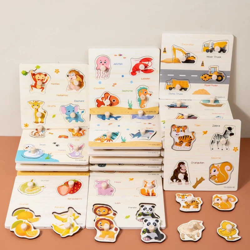 Wooden Mini Cartoon Animal Vehicle Pegged Puzzles Early Educational Learning Toys Baby Montessori Plywood For Kids Boys Girls