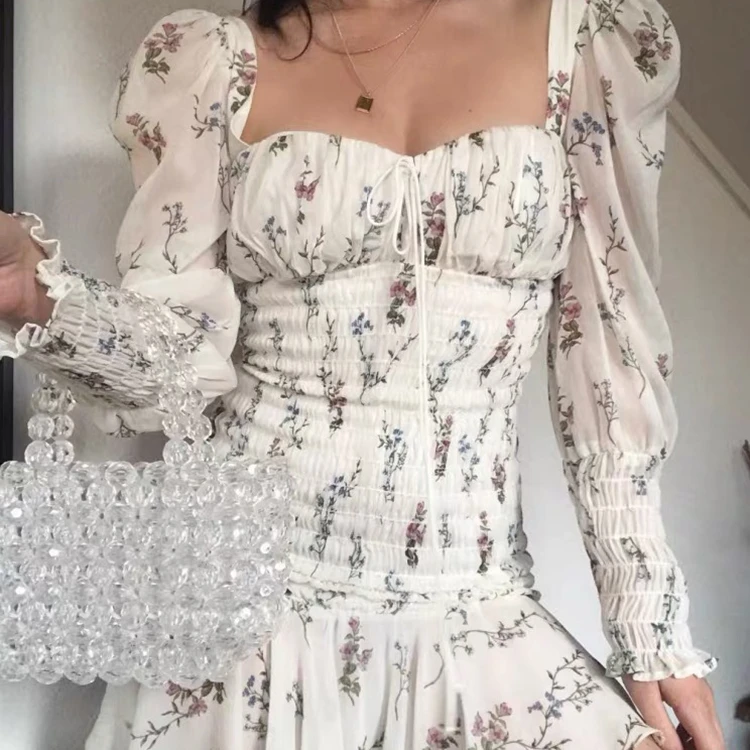 Dresses New Arrival Chiffon Women A-line Dress Summer Flare Sleeve Pattern Long Sleeve Beach