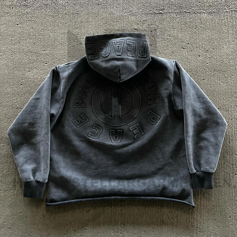 Cropped Raw Hem Hoodie Custom French Terry Patch Embroidered Distressed Applique Acid Wash Embossed Hoodie Men