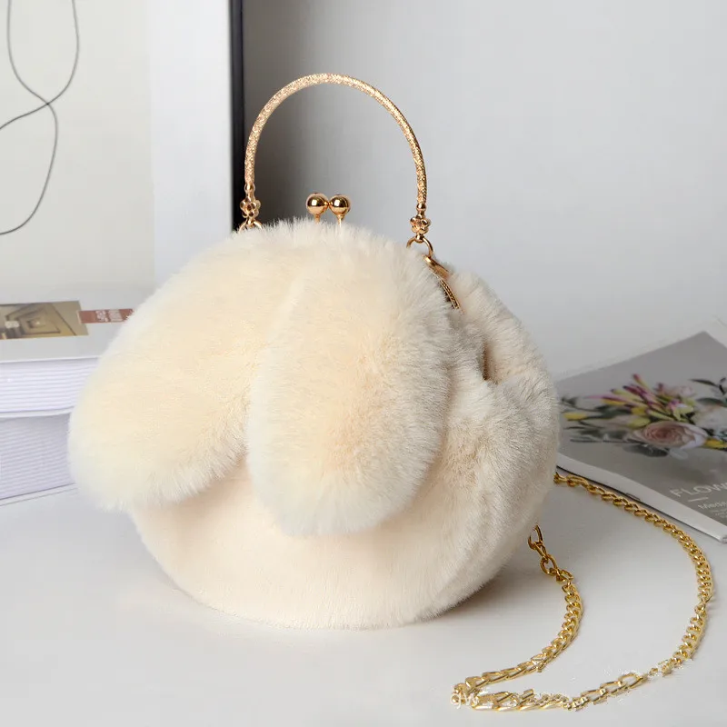 Plush Bag Female Oblique Cross Korean Version Lovely Portable Plush Bag Autumn Winter New Rabbit Ear Clip Mouth Bag