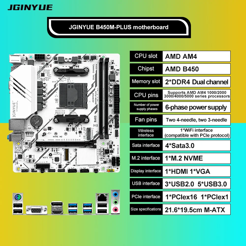 JGINYUE B450M-PLUS DDR4 Gaming Motherboard Supports AMD AM4 1000/2000/3000/4000/5000 Series Processors Desktop