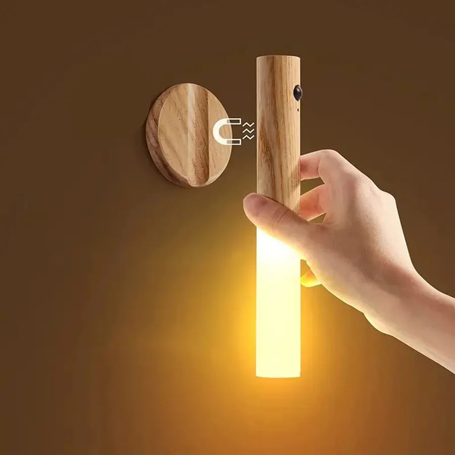 2024 Creative Intelligent Motion Sensor LED Rechargeable Magnetic Night Light Wood Wall Kitchen Cabinet