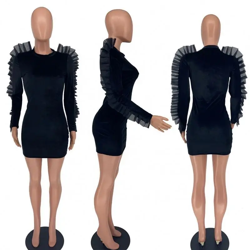 RX  2021 fall o-neck lace mini dress long sleeve black dress velvet women bodycon dresses