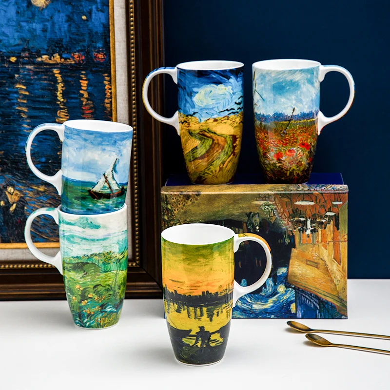 Cheap Van Gogh Bone China Ceramic Mugs with Color Gift Box