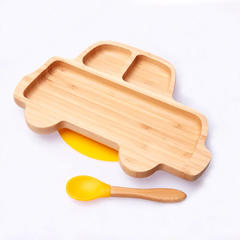 Car Shape Bamboo Baby Toddler Suction Plate, Stay Put Feeding Dinner Dish