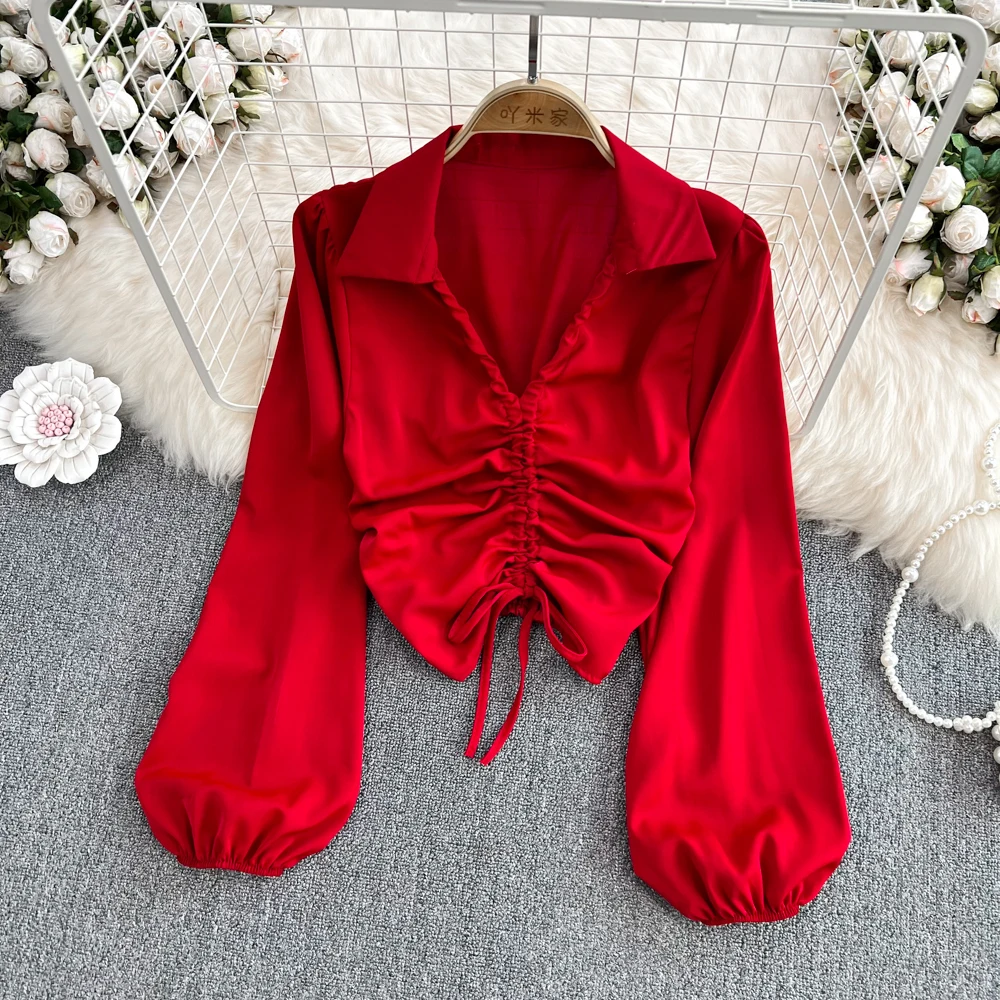 Wholesale 2022 Summer New Hot Girl Style Pure Desire Temperament V-neck Pullover Pleated Drawstring Long-sleeved Shirt