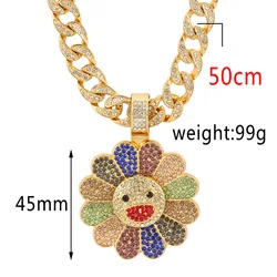 Hip Hop Ice Out Cuban Link Necklace Rotating Colorful Diamonds Sun Flower