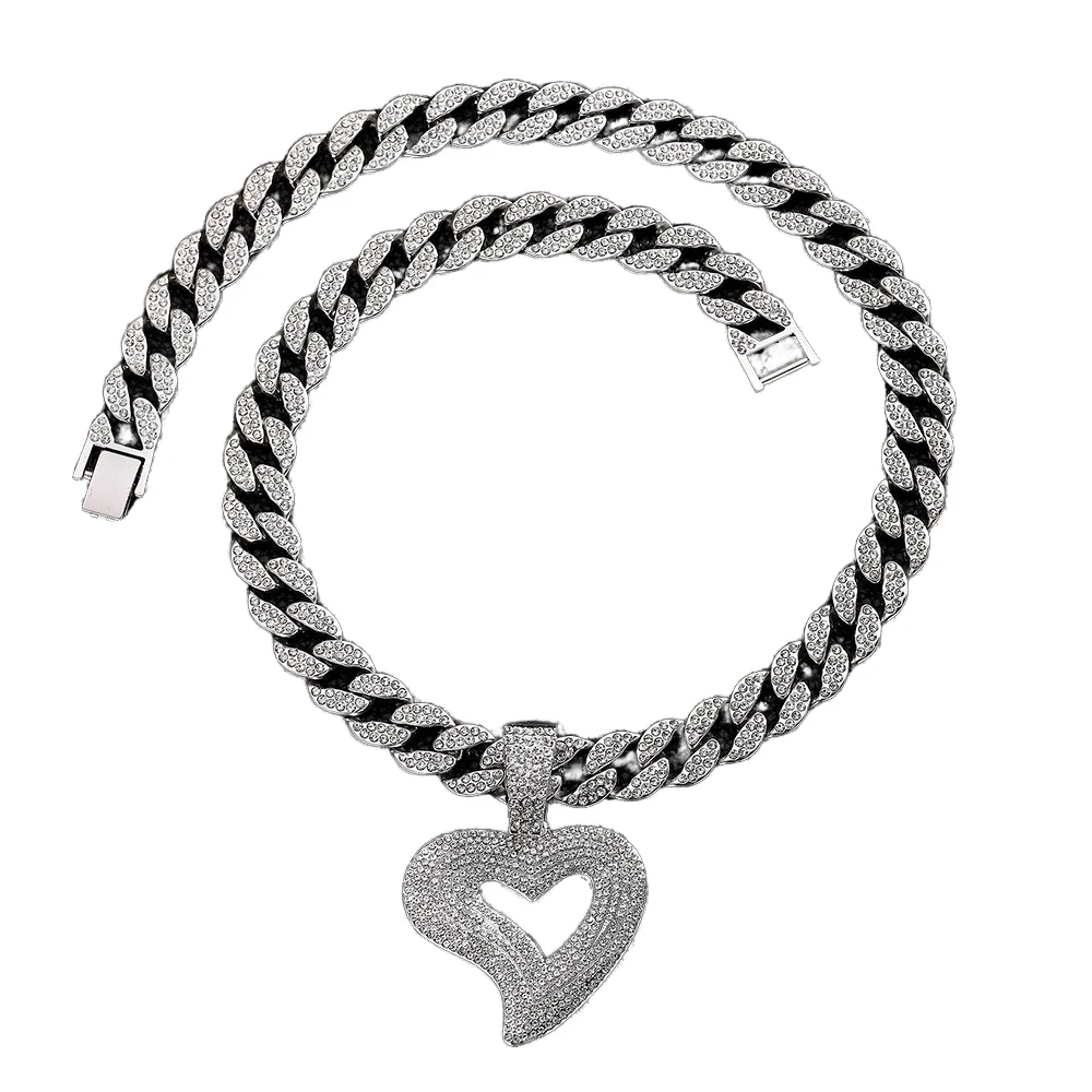 RQ Factory new cuban iced out 15mm width chain hip hop alloy and bling rhinestone irregular love heart pendant necklace