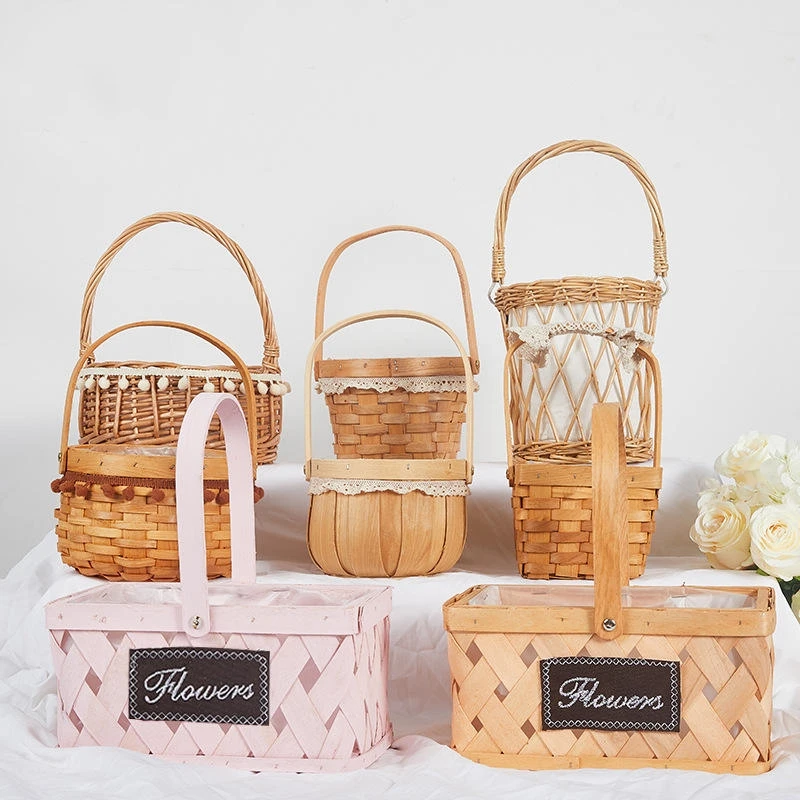 Gift Handmade Woven Willow Wood Lining Oval Storage Basket with Handles Flower Pot Baskets for Lady Girls