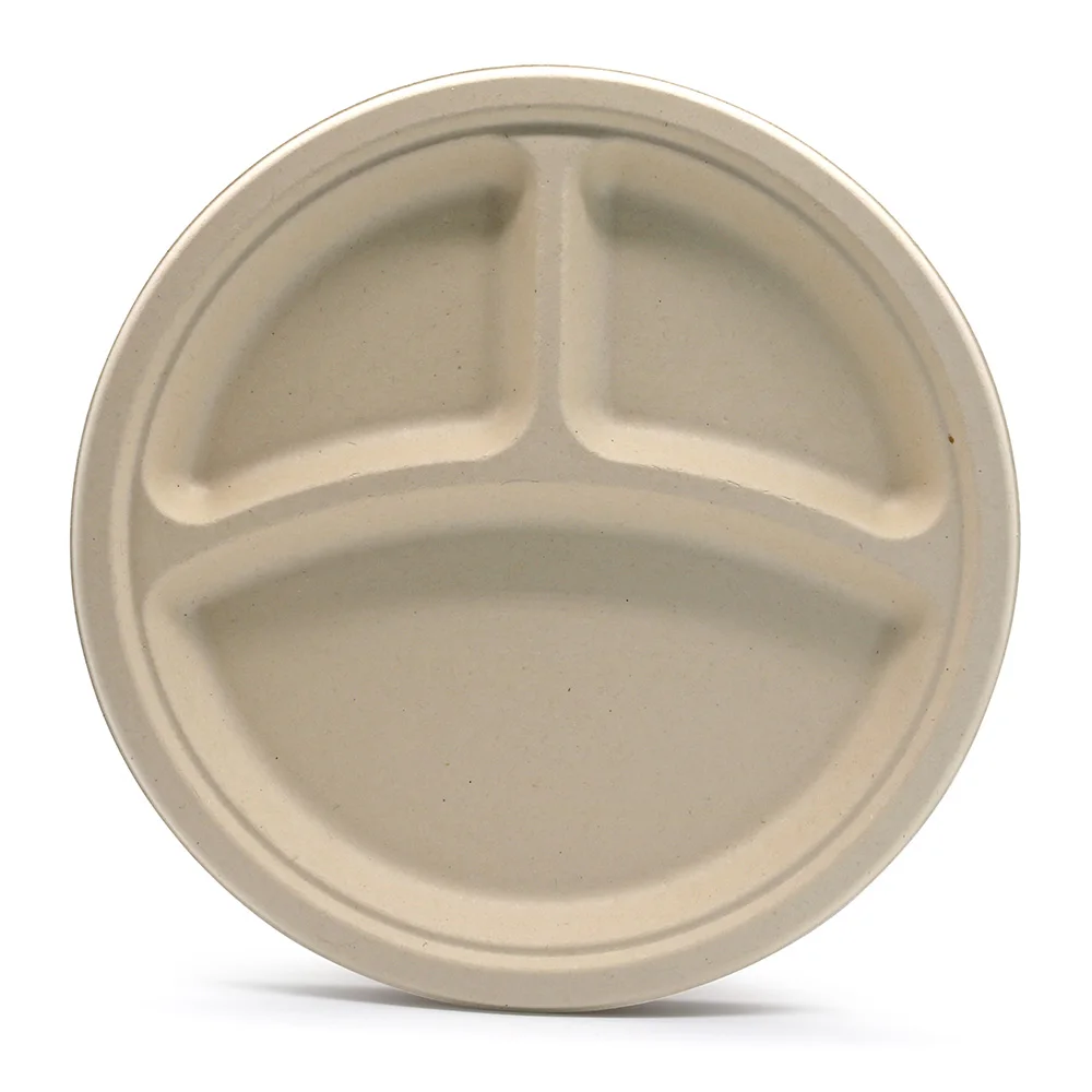 10 Inches 3 Compartment Customizable Microwavable Waterproof Biodegradable Eco Plates Bulk Disposable Hot Food Clear Plates