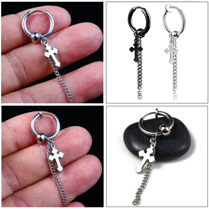 Punk Silver Black Gun Plated Stainless Steel Scorpion Cross Skull Pendant Men Cuff Ear Clip Non Piercing Earring Jewelry