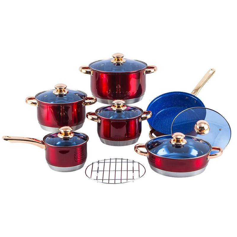 Customized Gold Plated Handle Stainless Steel Large Cooking Pot Pan Home 13 pcs Non Stick Cookware Set kitchen