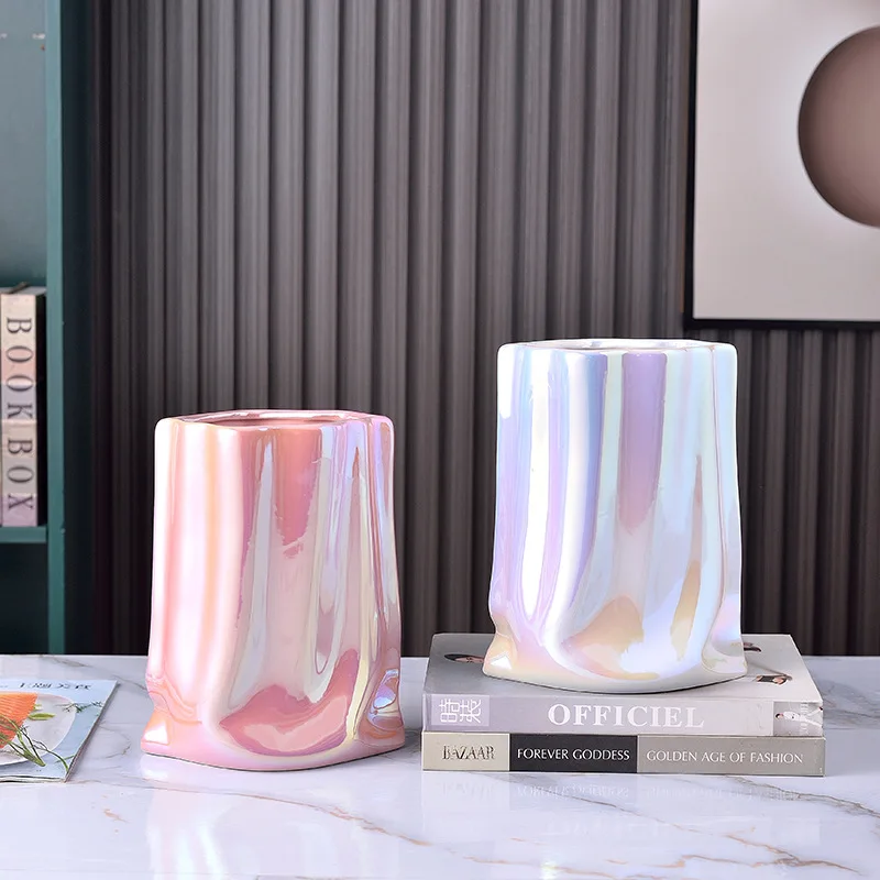 nordic Crinkle Fold Paper Bag Handmade Ceramic Vase gold electroplated Flower Arrangement Ornaments for home wedding decor