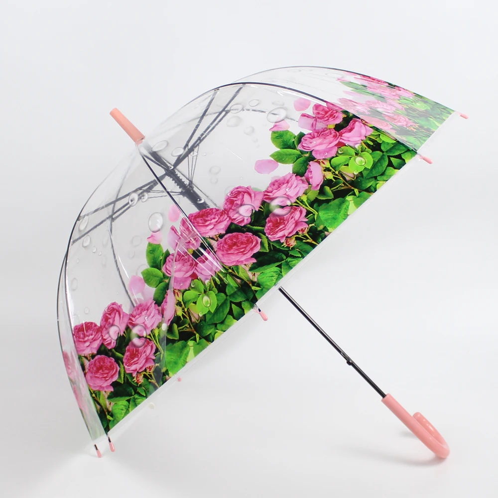 umbrellas with logo Plastic umbrella Most popular straight auto open cheap straight j handle dome umbrella flower design