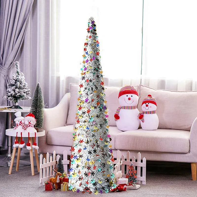 5ft Fake Reusable Folding Christmas Tinsel Tree with Easy-Assembly Stand Coastal Glittery Snowflake for Xmas Party Display Decor
