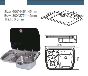 HEYRV 2 Burner Integrated Gas Stove 304 Stainless Steel with Black Glass Cover for Caravan Motorhome & RV Kitchen Sink