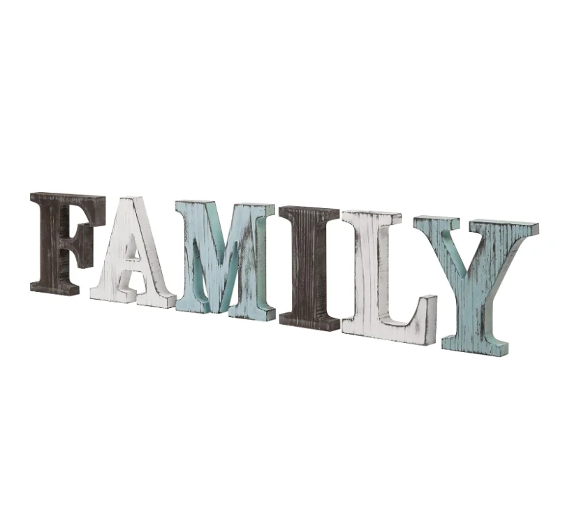 Rustic Wooden Family Sign Decorative Multicolor Distressed Wood F-A-M-I-L-Y Block Cutout Freestanding Letters