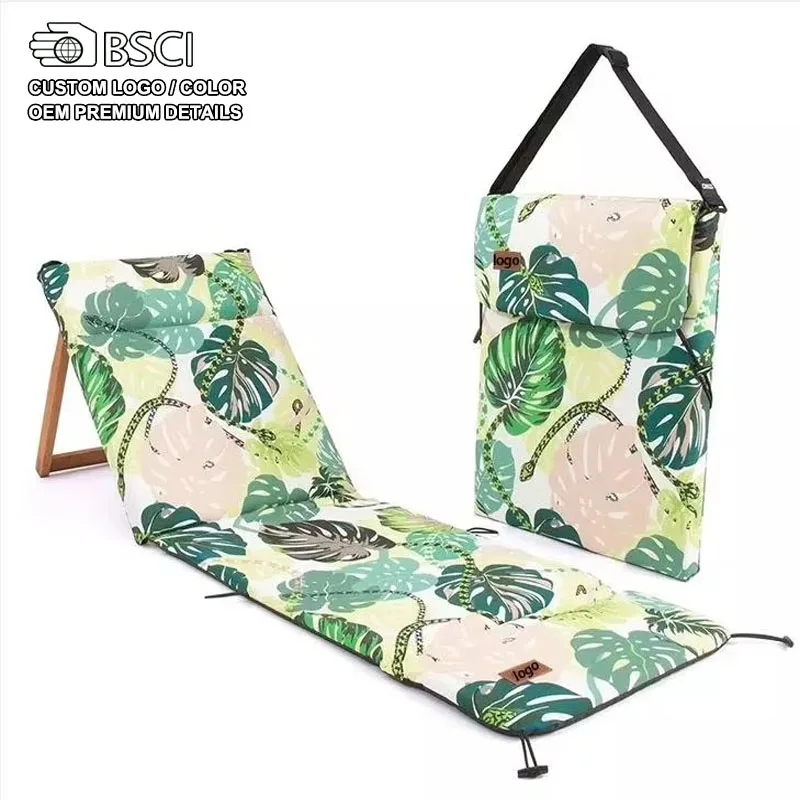 New Premium Folding Padded Beach Camping Outdoor Recliner Chair, Wooden Back Picnic Park Lawn Floor Mat Lounger Seat with Strap