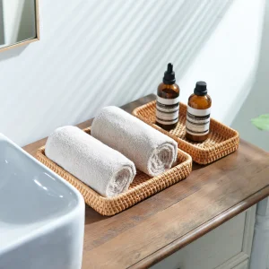 Rattan Serving Tray, Natural Wicker Decorative Serving Baskets for Organizing Tabletop Bathroom Kitchen Counter (Natural)