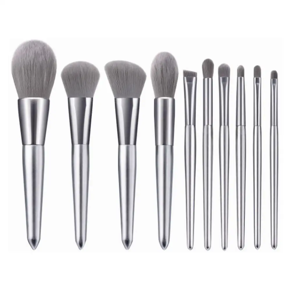10 pcs high quality silver wood handle makeup brushes synthetic bristle private label makeup brush set kit  with pouch