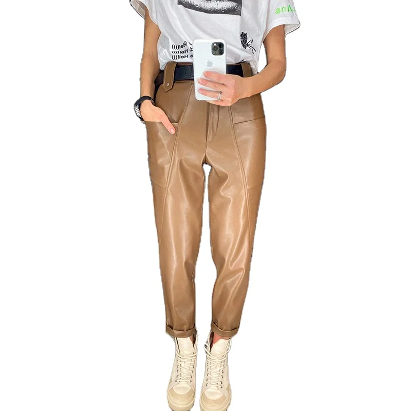 European and American fashion big pocket design radish leather pants cross-border foreign trade new slim PU leather pants