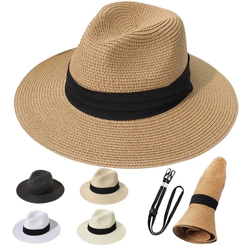 Womens Mens Wide Brim Straw Panama Hat Summer Travel Beach Sun Visor Hat Foldable Fedora Hat with Black Ribbon
