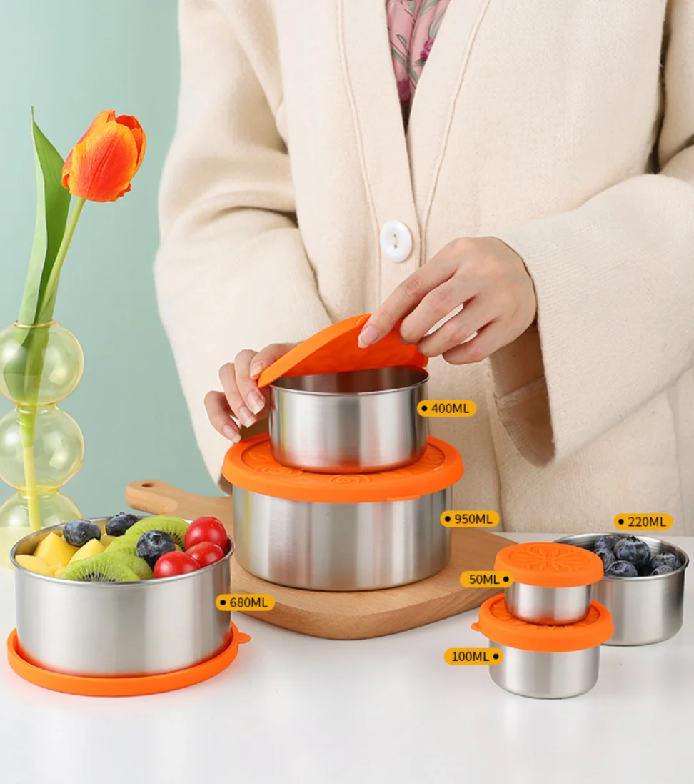 18/8 Stainless Steel Condiments Jars and Food Storage Containers Multiple Size Snack Sauce Pot With High Quality Silicone Lid