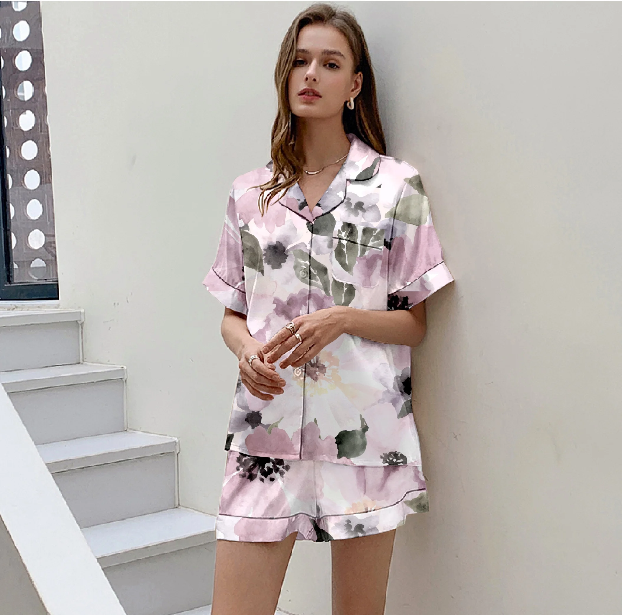 Лидер продаж, дизайнерская атласная пижама с принтом на заказ, Женская атласная одежда для сна, индивидуальная Пижама, комплект из двух предметов для сна, пижама