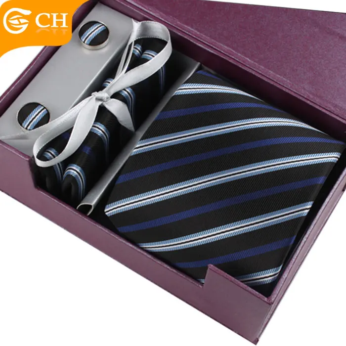 Custom Men Striped  Polyester Tie And Pocket Square Gift Box Set Necktie